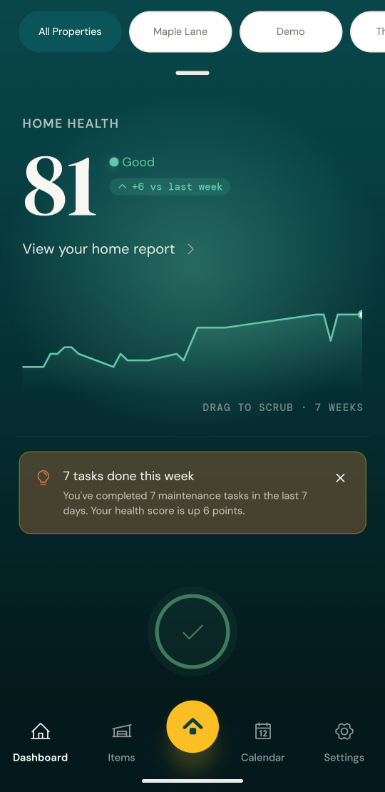 The Eden dashboard showing a Home Health score of 81, up 6 points from last week, with a rising 7-week trend