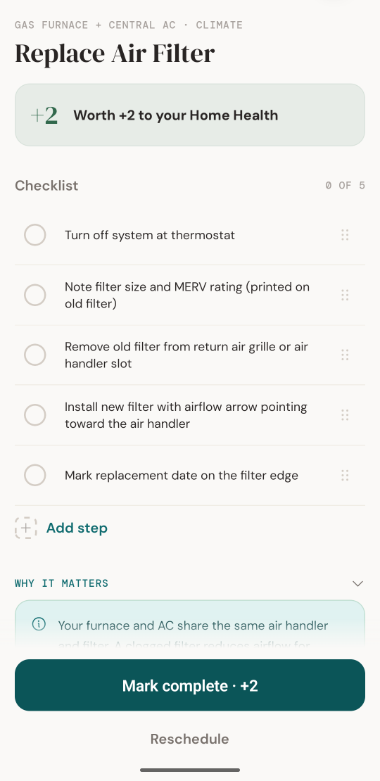 The Replace Air Filter task in Eden, worth +2 to your Home Health score, with a five-step checklist